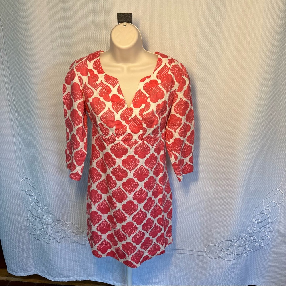 Boden Pink and White Linen Three Quarter Sleeve Dress